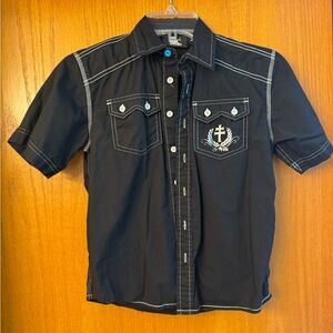 Kids Black Embroidered Button Down Shirt